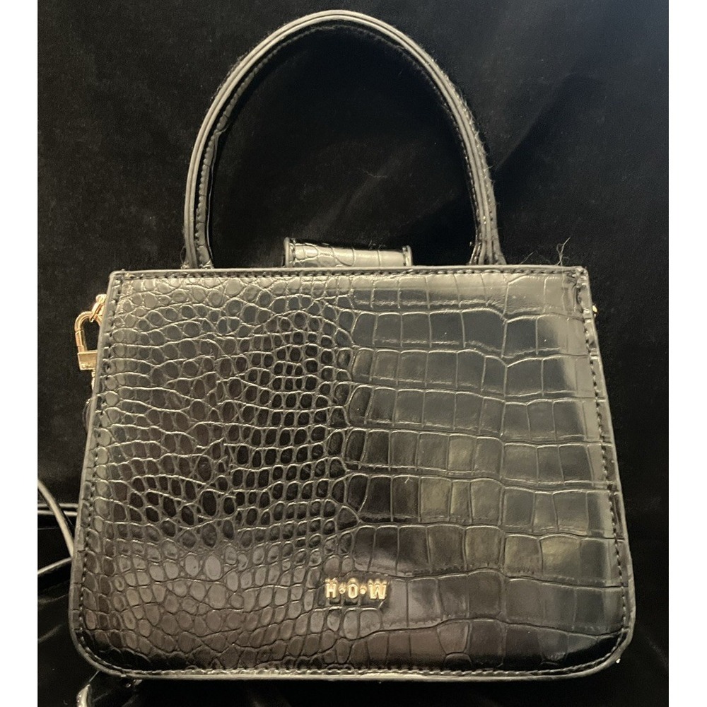 HOUSE OF WANT Newbie Satchel Bag Black Gold Hardware Croc Vegan Leather Purse